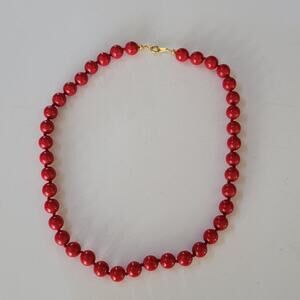 Vintage Red Bead Necklace with Round Beads and Gold Clasp Bold Retro Statement